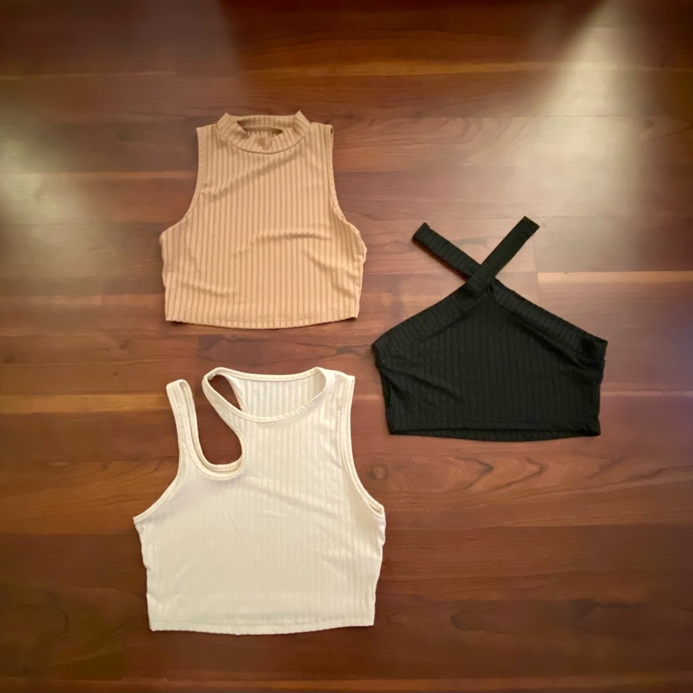 Ribbed Sleeveless Crop Top - Beige, Black, White